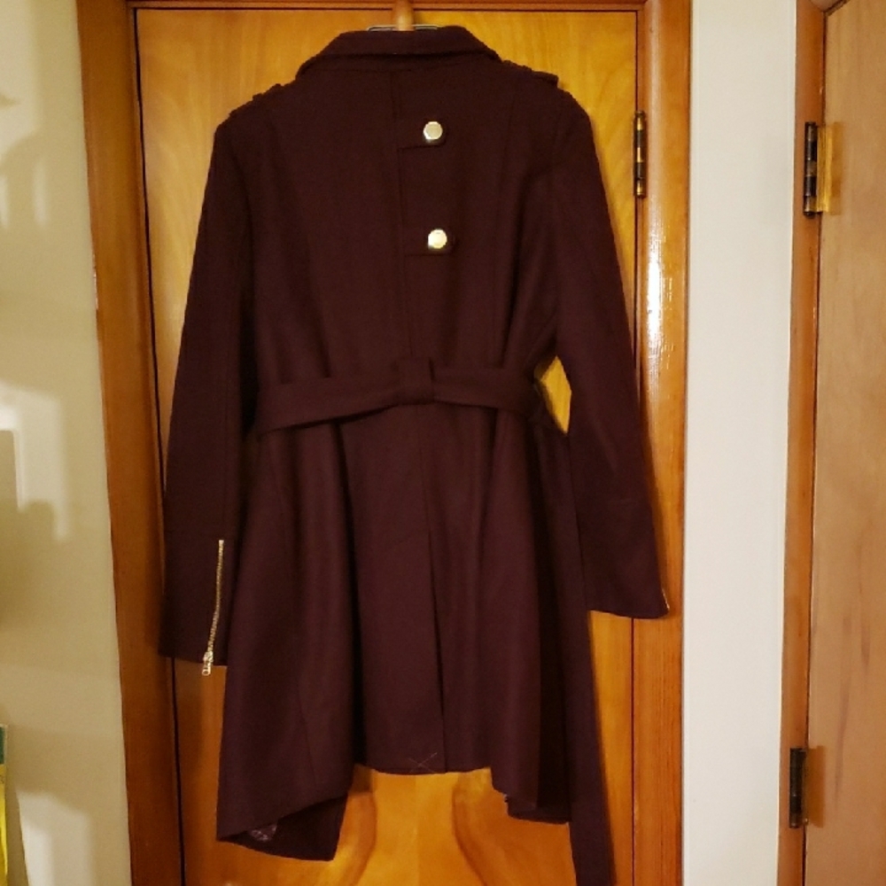 Guess Burgundy Deep Wine Wool Blend Trench Coat with Floral Lining Designer - Picture 6 of 11